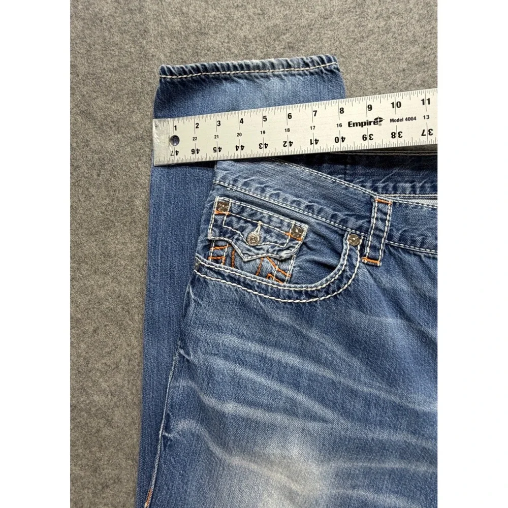 True Religion Skinny Leg Jeans Mens 42 Blue Whiskering Denim Thick Stitch Y2K